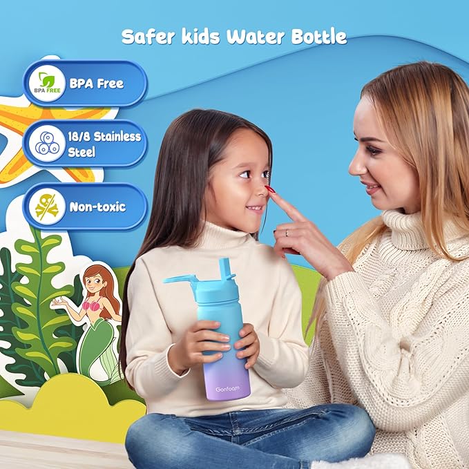 Kids Water Bottle, 16oz Kids Water Bottle with Stickers for School, insulated Stainless Steel Straw Cup(Blue/Purple)