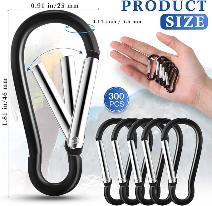 Yaocom 300 Pcs 2" Carabiner Bulk Small Carabiner Clip for Keys Spring Snap Hooks Aluminum Alloy Keychain Clip for Hanging Camping Backpacking Hiking Traveling Fishing Outdoor