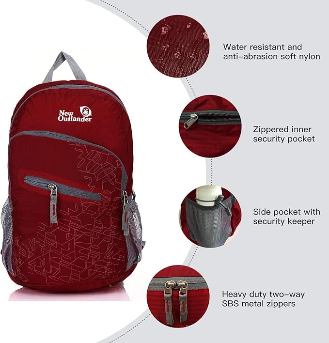 Outlander Packable Handy Lightweight Travel Hiking Backpack (Dak Red, 33L)