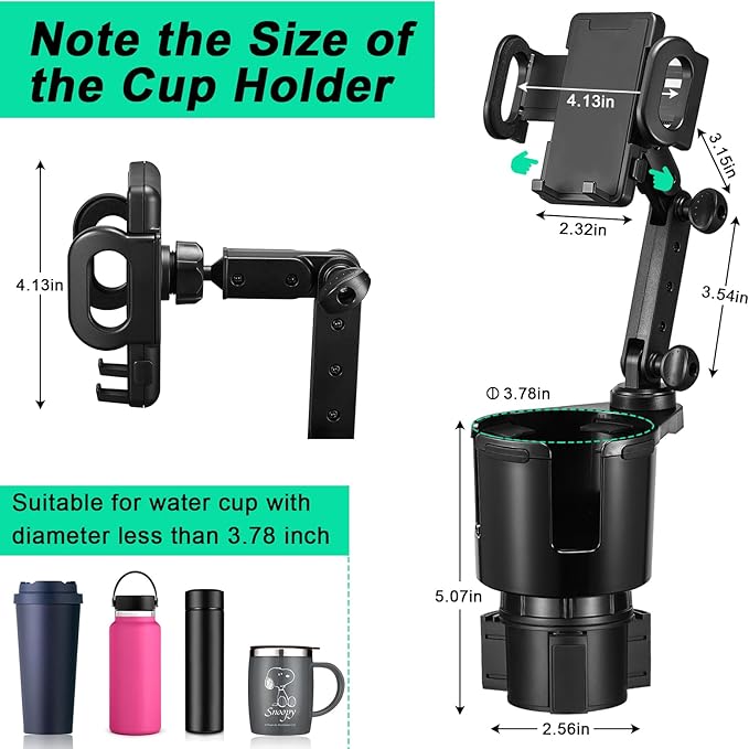 This Hill Car Cup Holder Expander Adjustable Base with Phone Mount 360° Rotation Cup Holder Cell Phone Holder for Car Compatible with iPhone All Smartphones