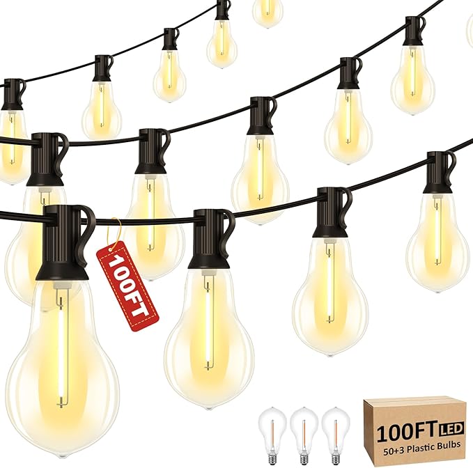 100FT LED Outdoor String Lights with 50+3 Shatterproof Bulbs(Gourd Shape), IP44 Waterproof, Commercial Grade Patio String Lights for Outside Porch Backyard Garden Deck Decor, 2700K Dimmable
