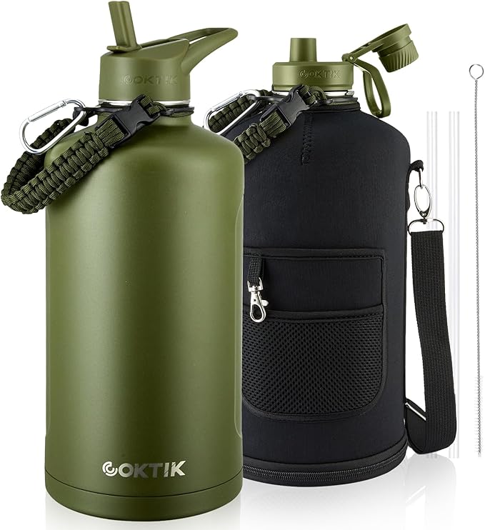 COKTIK 128oz Insulated Water Bottle - Stainless Steel Vacuum Metal, Portable 1 Gallon Large-Capacity Sports Bottle with Straw, Carry Bag and Handle Strap, Ideal for Gym & Hiking(Army Green)