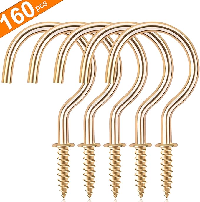 Gold Cup Screw Hooks,3/4 inch Metal Screw in Hooks 160 Pack Plant Hanger Wind Chimes Kitchen Cup Hooks Great for Hanging Indoor & Outdoor Use(Golden)