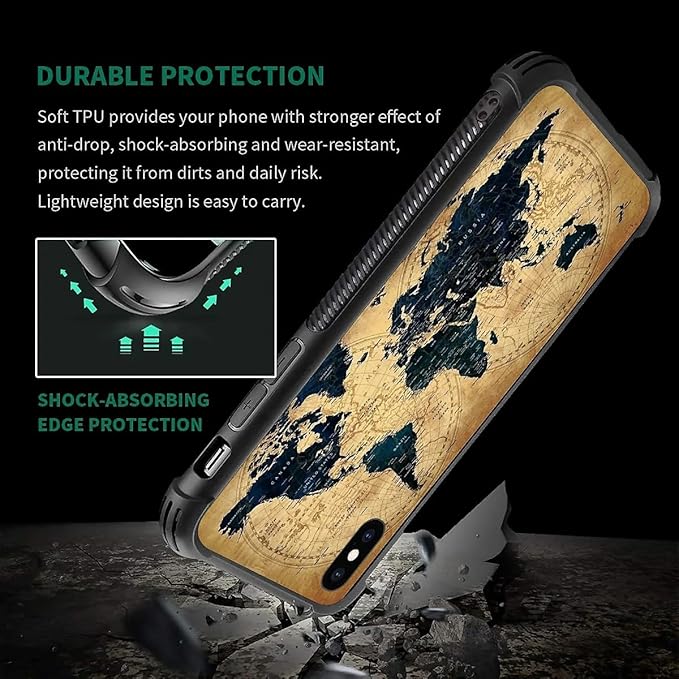 for iPhone Xs Max Case, Brown World Map Pattern Graphic Design Girl Boy Soft Silicone Hard Acrylic Shock Protection for iPhone Xs Max