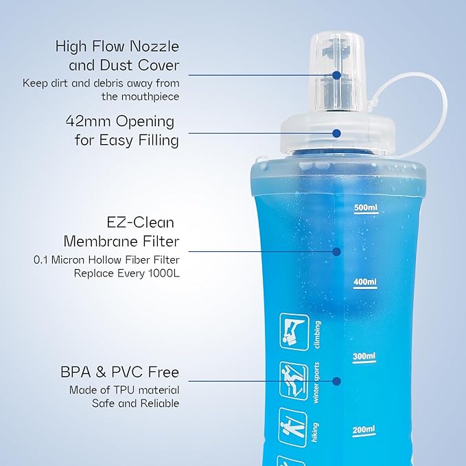 GUYI 500ml Collapsible Water Filter Bottle, Removes Impurities, BPA Free, Ultralight for Hiking, Camping, Cycling & Travel-Blue