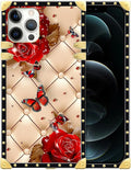 Compatible with iPhone 12 12 Pro Case, Shining Red Rose Butterfly Leather Background Luxury Golden Decoration for Girl Women Soft TPU Shockproof Protective Hard PC Back