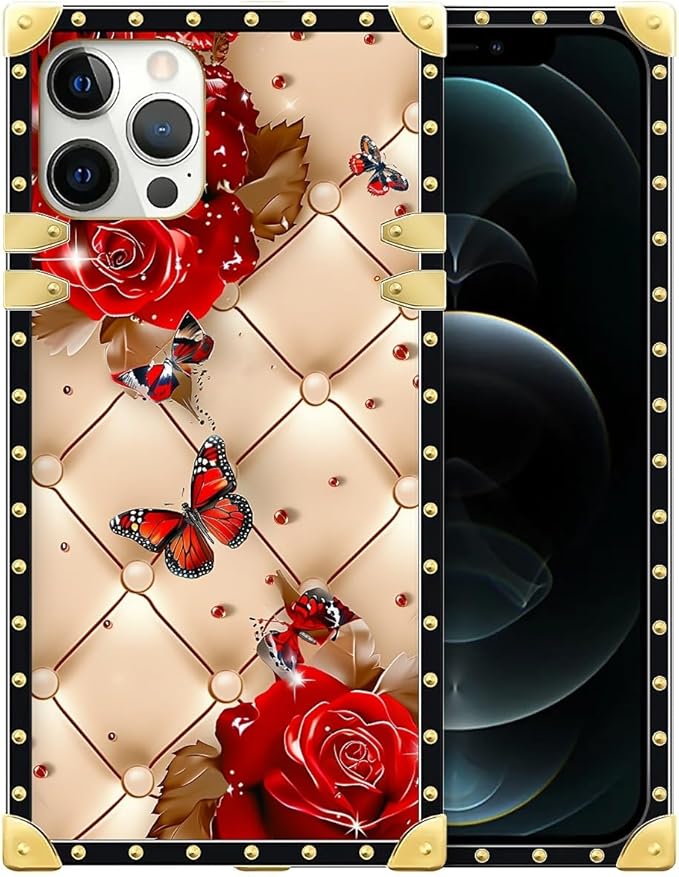 Compatible with iPhone 12 12 Pro Case, Shining Red Rose Butterfly Leather Background Luxury Golden Decoration for Girl Women Soft TPU Shockproof Protective Hard PC Back