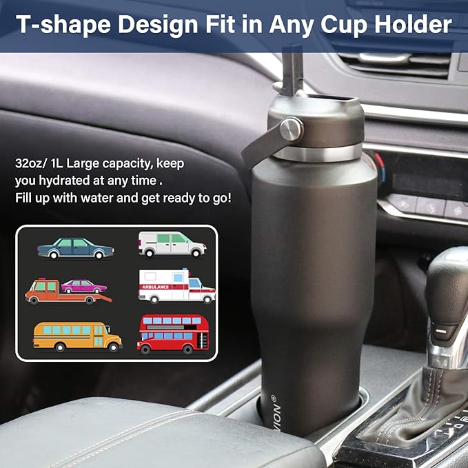 HYDROWION 40 oz Insulated Water Bottle with Straw fit in Car Cup Holder(Cold 48 hrs, Hot 24 hrs) Drinking Bottle with Straw Lid, Spout Lid and Flex Cap Leakproof Travel Thermo Mug，Red