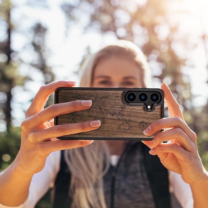 Carveit Wood Case for Galaxy S24 Plus Case [Natural Wood & Black Soft TPU] Shockproof Protective Cover Unique Wooden Design Compatible with S24 Plus (Compass Maps-Walnut)