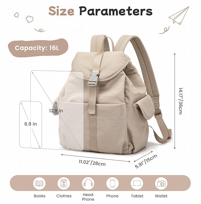 G4Free Small Backpack for Women, Nylon Casual Daypack for Work Travel Campus, Khaki