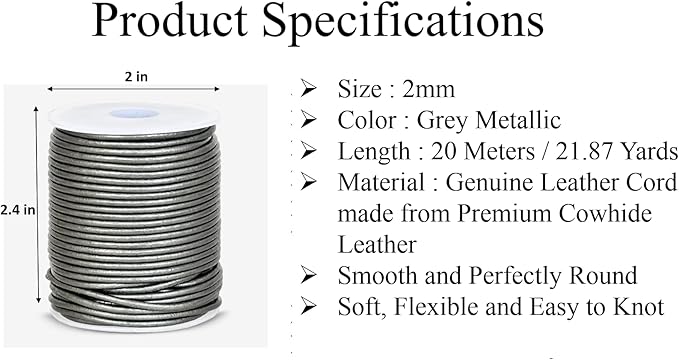 GENIQUE Real/Genuine Round Leather String Cord for Necklace, Bracelets, Jewelry, Kumihimo Braiding, DIY Projects (20 Metres) (2mm, Grey Metallic)