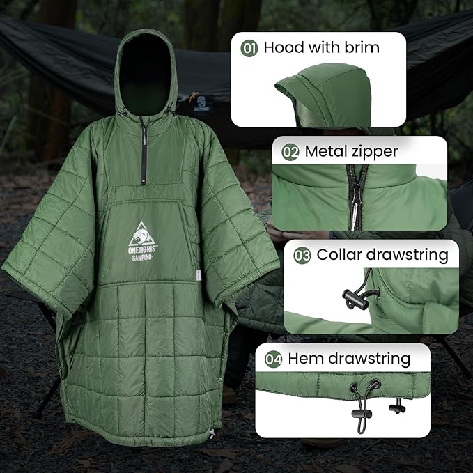 ONETIGRIS Camping Blanket with with Recycled Synthetic Insulation,Wearable Hoodie Blanket | Ultralight Water-Resistant Warm Camping Blanket for Outdoor, Hiking, Stadium