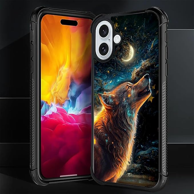 for iPhone 16 Case, Star Cave Hungry Wolf Pattern Graphic Design Girl Boy Soft Silicone Hard Acrylic Shock Protection for iPhone 16