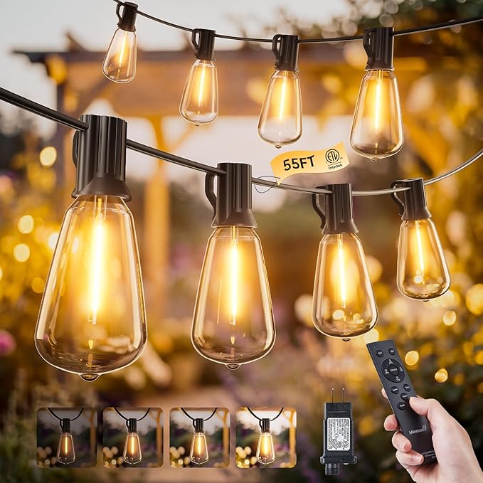Minetom 55FT Outdoor String Lights with Remote, 25+2 Shatterproof ST38 LED Bulbs, Waterproof Patio Lights with 3 Modes, Dimmable & Connectable 2700K Hanging Lights for Backyard Porch Deck Balcony