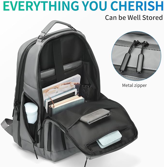Expandable Business Backpack with 17" Laptop Compartment - Waterproof, Airline Approved, 33L-42L Capacity, for Work & Travel, Gray