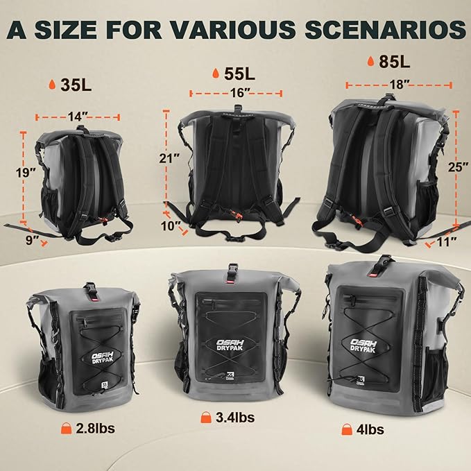 OSAH DRYPAK Waterproof Backpack Dry Bag 35L/55L/85L – Heavy Duty Roll-Top Hiking Backpack for Travel, Kayaking, Boating, Camping, Rafting and Fishing