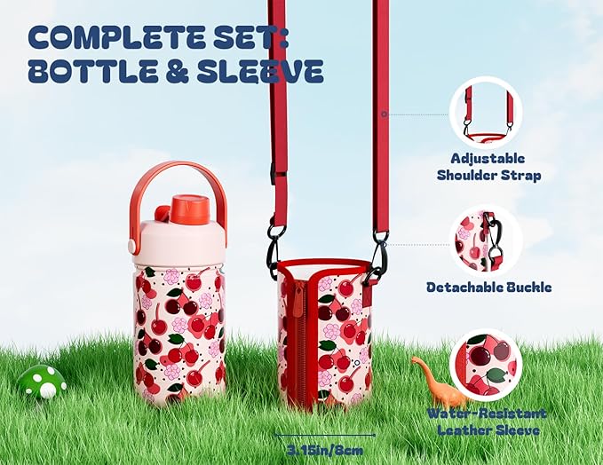 12 oz Kids Insulated Water Bottle for School: 2-in-1 Straw Spout Lid, Leakproof, Keep Cold 24H, Stainless Steel Cup with Leather Sleeve for Travel, Camping, Gift for Girl Daughter (Twinkleberry Patch)