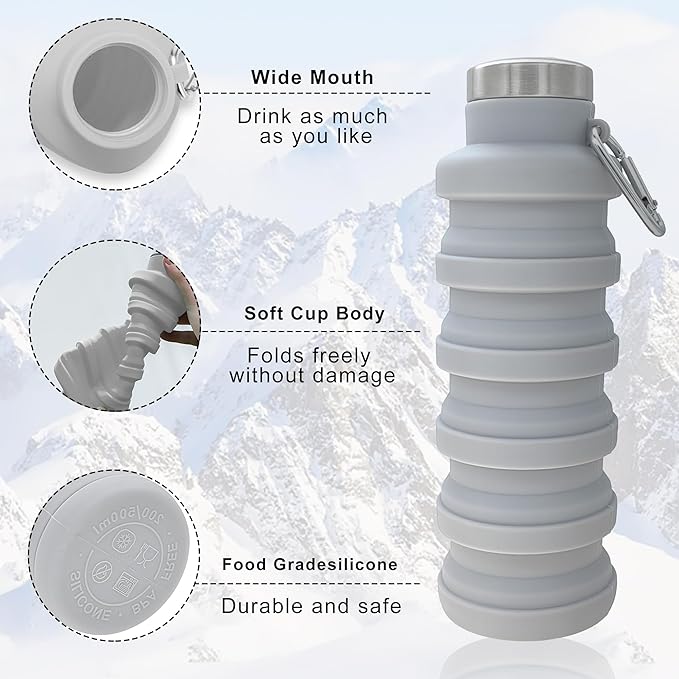 YCT Collapsible Water Bottle 17oz（500ml），Travel Portable Sport Water Bottle，Reusable Silicone Foldable Water Bottles for Gym Camping Hiking (Grey)