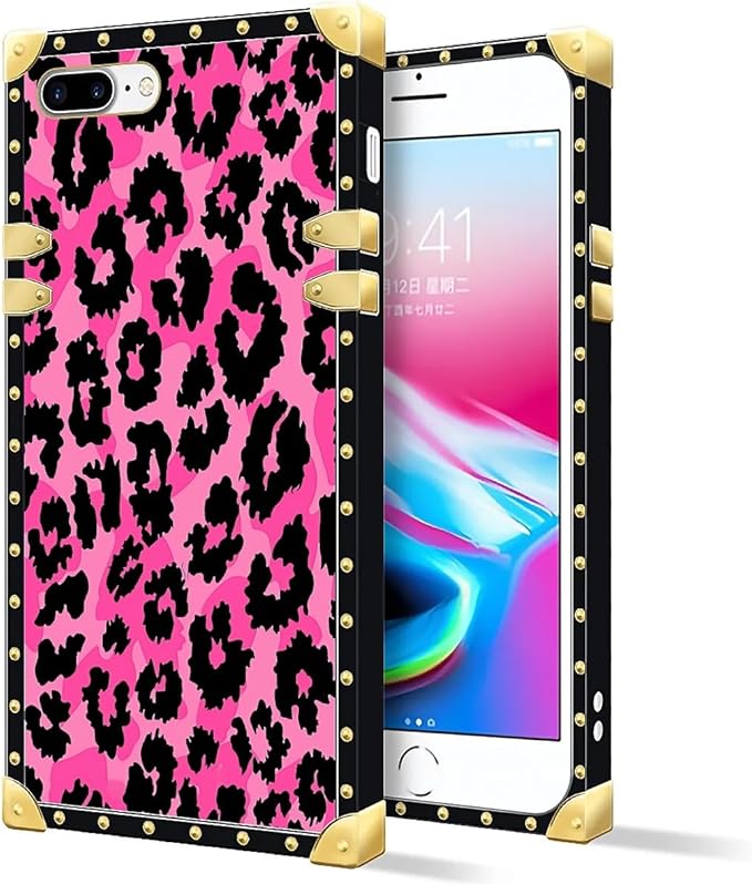 Compatible with iPhone 8 Plus 7 Plus Case, Pink Black Leopard Luxury Golden Decoration for Girl Women Soft TPU Shockproof Protective Hard PC Back for iPhone 8 Plus 7 Plus