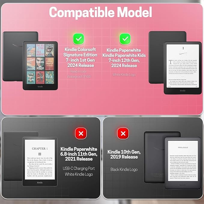 TNP Stand Case with Strap for Kindle Paperwhite 12th Gen 2024 / Kindle Colorsoft Signature Edition - 7" PU Leather Protective Folio Cover with Auto Wake/Sleep & Card Slot, Pink