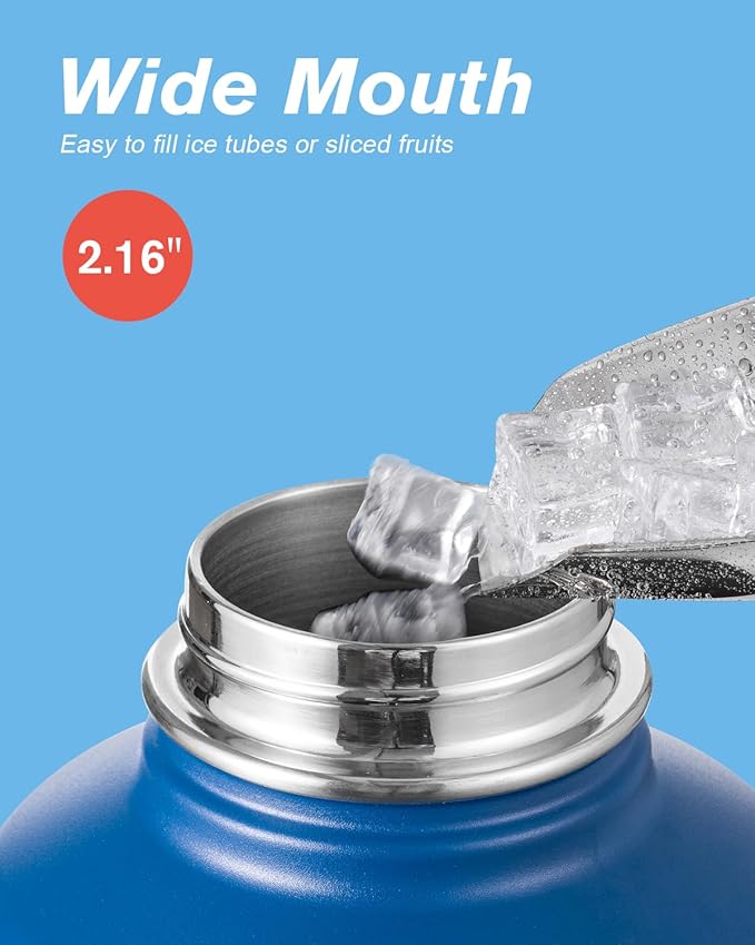Coolflask 128 oz Gallon Water Bottle Insulated with Straw&3 Lids, Water Jug Large Stainless Steel Metal Vacuum Wide Mouth for Sports, Gym or Office, Non-BPA Keep Cold 48H Hot 24H, King's Blue