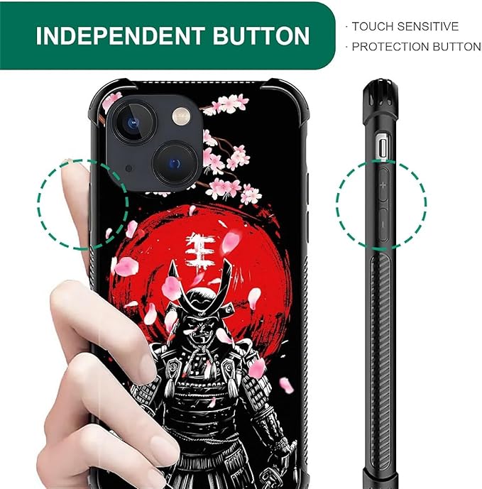 for iPhone 13 Case, Sakura Japanese Samurai Pattern Graphic Design Girl Boy Soft Silicone Hard Acrylic Shock Protection for iPhone 13