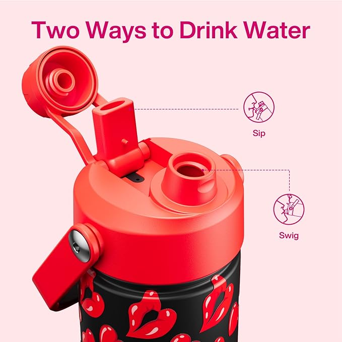 ENCOOL Valentine's Day Insulated Water Bottle with Straw Stainless Steel Water Bottle, Leak-Proof, BPA-Free, Keeps Cold for 24 Hours for Sports, Travel, School (26 oz, Kiss Love Red x Black)