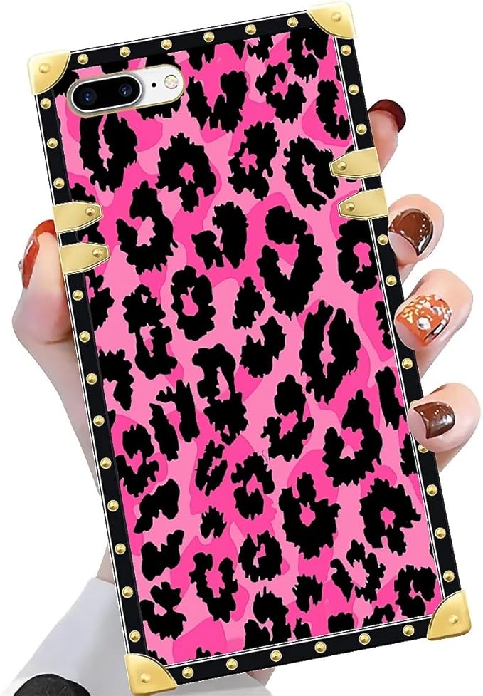 Compatible with iPhone 8 7 SE Case, Pink Black Leopard Luxury Golden Decoration for Girl Women Soft TPU Shockproof Protective Hard PC Back for iPhone 8 7 SE