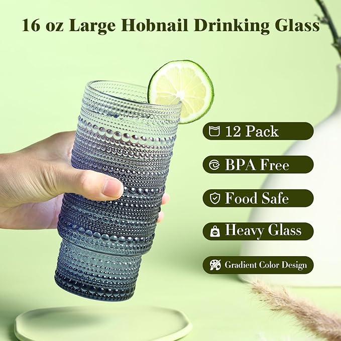 Large Capacity 16 oz Hobnail Drinking Glasses Set of 12, Vintage Glassware Drinking Glasses, Gray-blue Water Glasses Tumbler, Cups for Kitchen, Juice, Beer, Cocktail, Whiskey