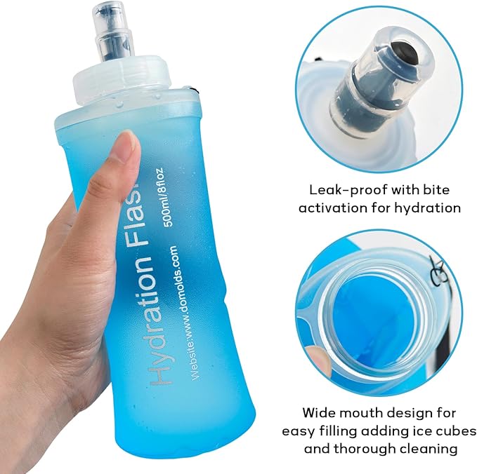 Soft Flask 500ML, TPU Collapsible Soft Water Bottle for Hydration Pack, Running Vest, Folding Water Bottle for Hiking, Cycling Hydration Flask - Blue
