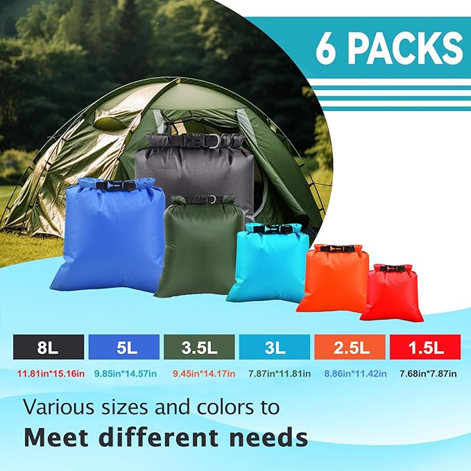6PCS Wet Dry Bag Set – Waterproof Bags for Swimming & Beach, Lightweight Water Proof Bags for Travel with Roll‑Top Closure, Multi‑Size Waterproof Pouch for Water Sports & Beach Essentials