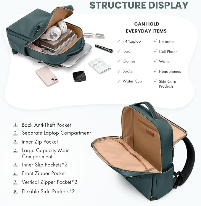 Laptop Backpack for Women, Work Business Traval Computer Backpacks with Laptop Compartment Waterproof Casual Daypack for Travel College,16Inch,DarkGreen