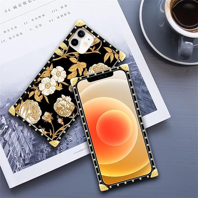 Compatible with iPhone 11 Case, Blooming Rose Golden Flower Luxury Golden Decoration for Girl Women Soft TPU Shockproof Protective Hard PC Back for iPhone 11