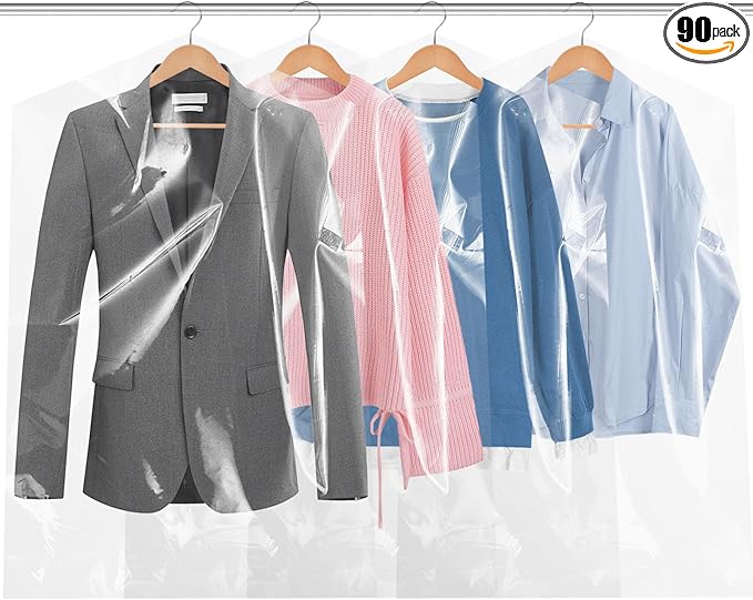 90 PCS Dry Cleaner Bags Plastic Clear 43 Inches,Garment Bags for Hanging Clothes Plastic Garment Bags Clear Clothes Covers Dry Cleaner Bags Hanging Dust-proof(60x110cm)