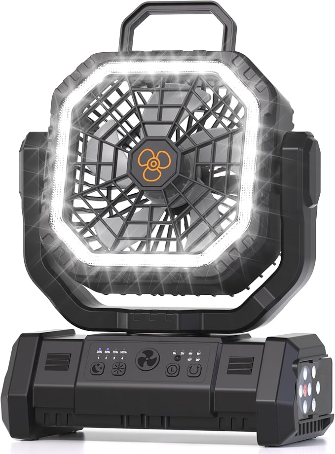 Portable Fan Rechargeable, 20000mAh Cordless Battery Powered Camping Fan with LED Light & Remote, 4 Speeds Wind, Timer, USB C, Hanging Hook, Oscillating Fans for Travel Tent, Camping Essentials