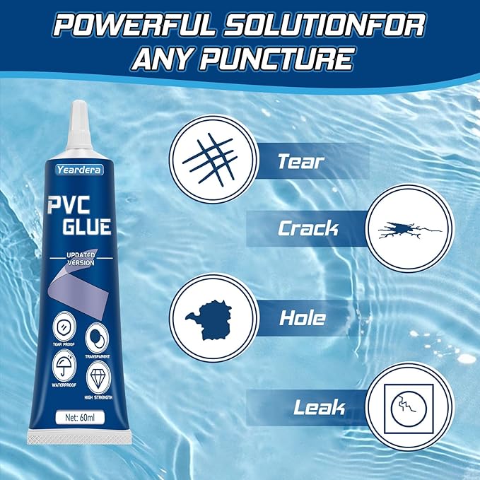 Yeardera Air Mattress Patch Kit, Waterproof Vinyl Repair Kit, High Strength PVC Adhesive for Inflatables, PVC Boats, Vinyl Glue (60ml/1 Pack)