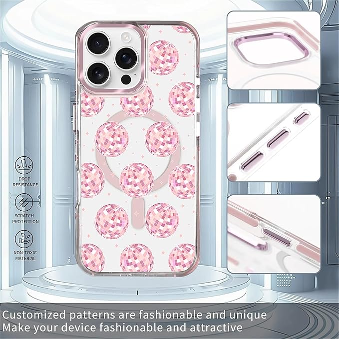 Case for iPhone 16 Pro,[Compatible with MagSafe],Disco Balls Pink Phone Case Design，for Women Girls Magnetic Clear Cover - Slim, Sleek, & Shockproof Protection