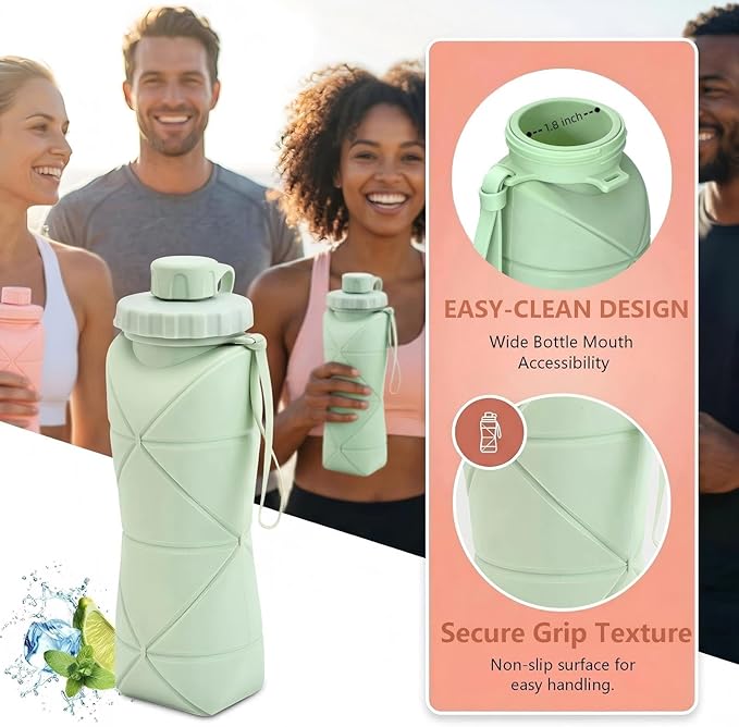 Collapsible Travel Water Bottle 20oz (600ml), BPA-Free, Foldable Silicone Lightweight Reusable Water bottle with Leak-Proof Lid & Lanyard, Portable for Travel Cycling Gym Camping (Green)