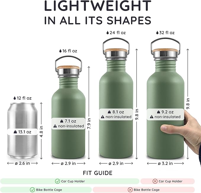 Bambaw 24 oz Stainless Steel Water Bottle, Green, Dishwasher Safe, Non Insulated, No Straw Sage Green