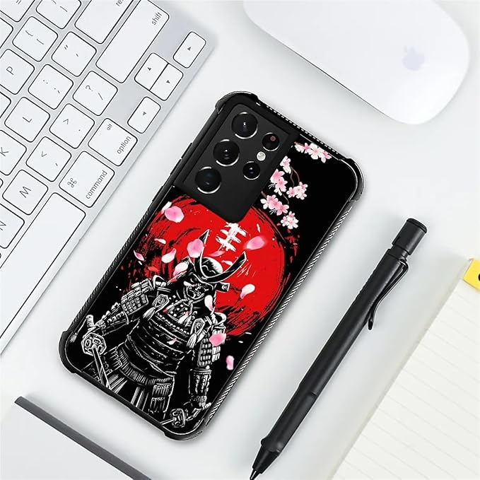 for Samsung Galaxy S21 Ultra Case, Sakura Japanese Samurai Pattern Graphic Design Girl Boy Soft Silicone Hard Acrylic Shock Protection for Samsung Galaxy S21 Ultra