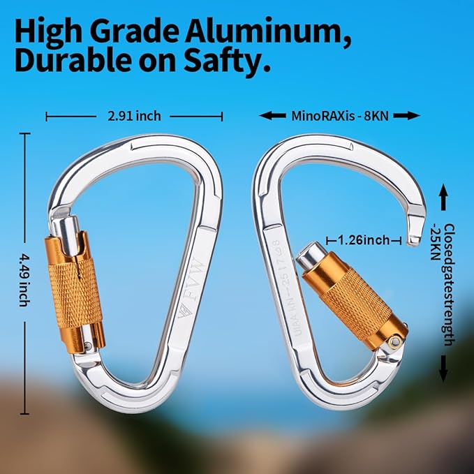 FVW Auto Locking Rock Climbing Carabiner Clips,Professional 25KN (5620 lbs) Heavy Duty Caribeaners for Rappelling Swing Rescue & Gym etc, Large D-Shaped Carabiners