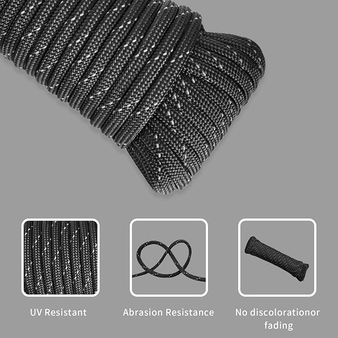 Paracord Rope, Reflective III Parachute Cord 7 Strand Core 550lb, 50ft Black - High Visibility Abrasion Resistant Easy to Tie, Multi-Purpose Rope for Camping Survival DIY