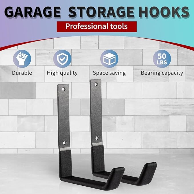 Heavy Duty Steel Hooks - Garage & Garden Tool Organizer, Wall Mount Hooks, Hose Hanger (12, Large)
