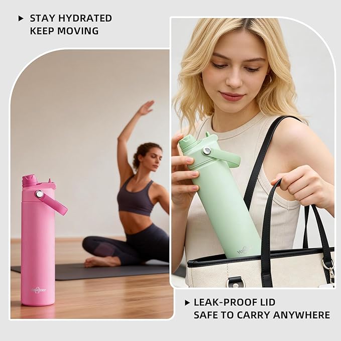 26oz Insulated Water Bottle with 2-in-1 Straw and Spout Lid, 304 Stainless Steel Water Bottle Keep Cold for 24H,Leak-Proof,Sports Water Bottle with Braided Carry Strap for Gym,Travel,Outdoors,Black
