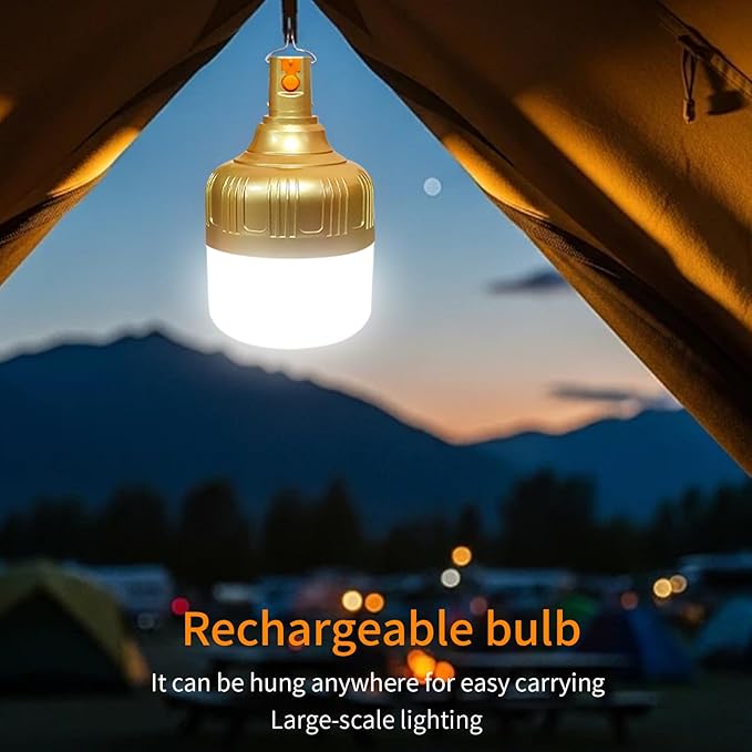 2-Pack Rechargeable Outdoor Camping Lights, 2400mAh IPX4 Waterproof LED Hanging Light, Emergency Light Bulbs for Power Outage, Portable Tent Lamps with Hook for Campsite, Vendor Booths, BBQ