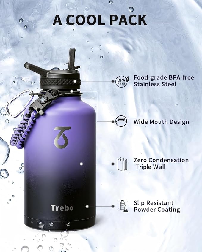Trebo Water Bottle 64oz with Paracord Handle, Half Gallon Large Vacuum Triple Wall Stainless Steel Insulated Water Jug with Holder Strap Straw Spout Lids, Leakproof Keep Cold & Hot,Dark Purple