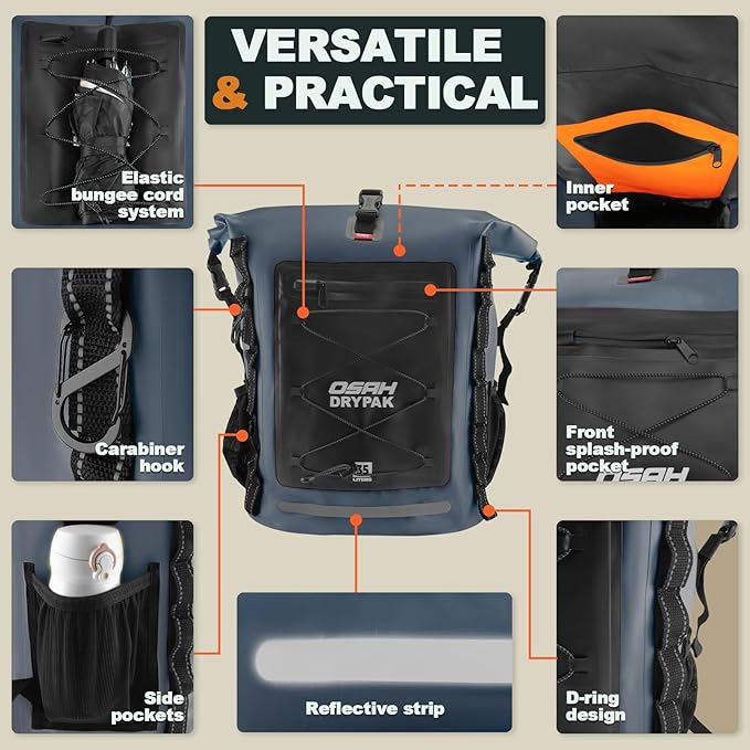 OSAH DRYPAK Waterproof Backpack Dry Bag 35L/55L/85L – Heavy Duty Roll-Top Hiking Backpack Sack Keeps Gear Dry for Travel, Kayaking, Boating, Camping, Rafting and Fishing
