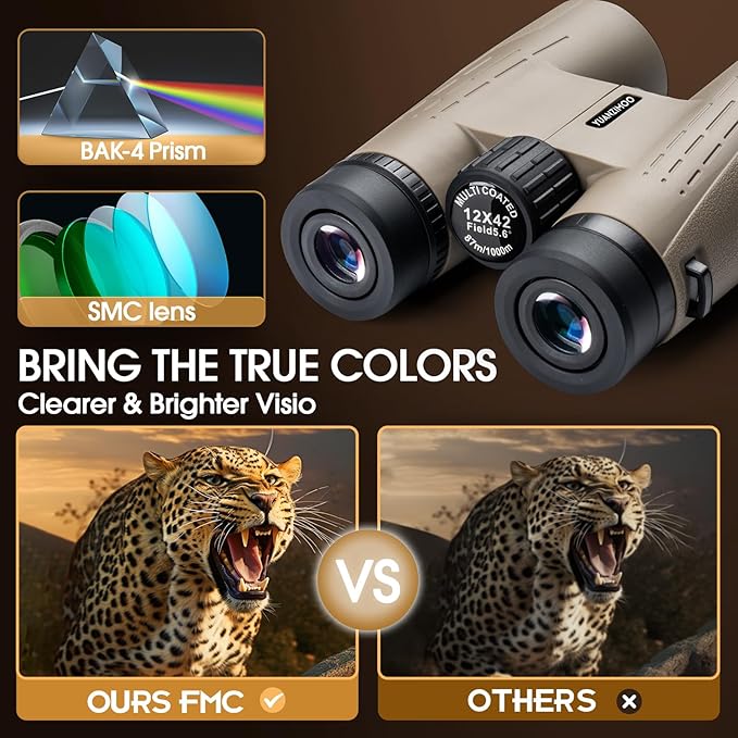 12x42 HD Binoculars for Adults High Powered Binoculars with Upgraded Phone Adapter Waterproof Compact Binocular with Low Light Night Vision for Bird Watching Hunting Outdoor Sports Concerts Camo