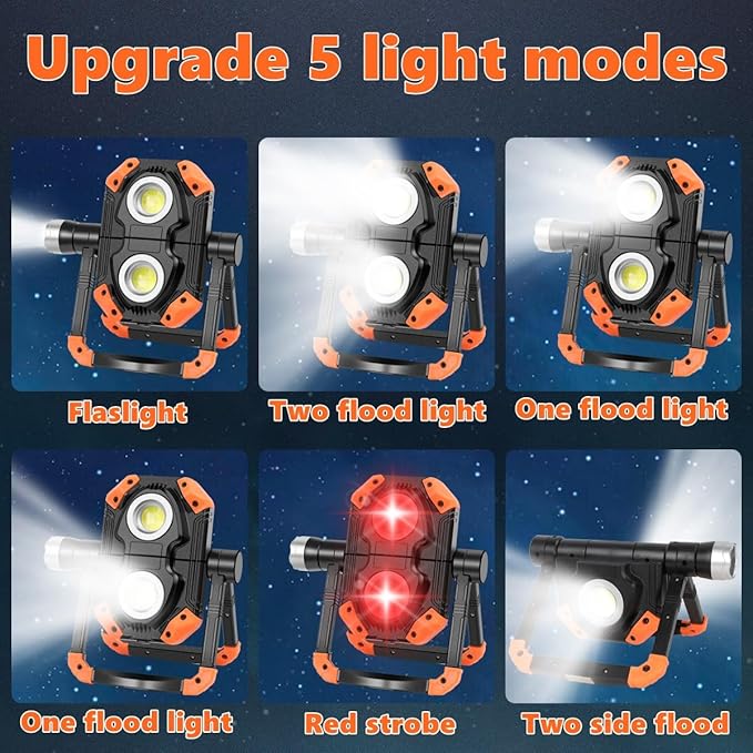 sunzone Rechargeable LED Work Light,Portable Flood Light Spotlight 2 in 1 Job Site Lighting with Magnetic Bases,Rotatable Foldable Waterproof LED Light for Camping,Car Inspection Emergency(2 Pack)