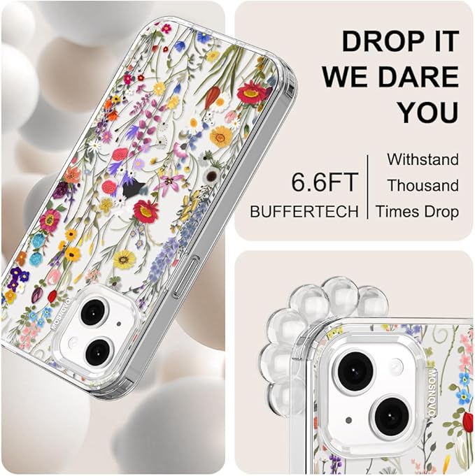 MOSNOVO for iPhone 13/14 Case | Military Grade 6.6ft Drop Tested | Clear with Wildflower Meadow Design